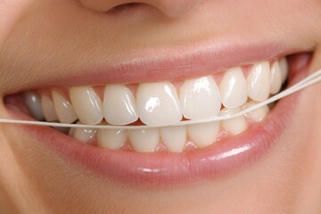 Obraz premium Oral care gum protection essential. Smiling person using dental floss for oral hygiene.