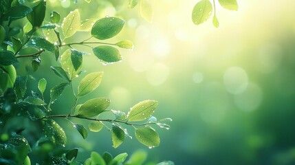 Dew-kissed green leaves bathed in sunlight, bokeh background.