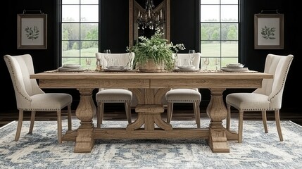 Rustic dining table set in a dark room