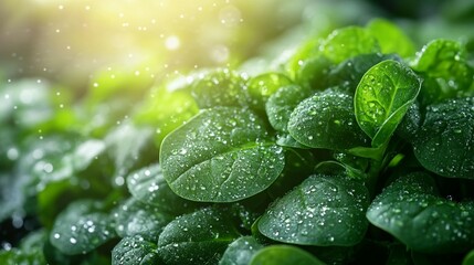Dew-covered spinach leaves in sunlight.