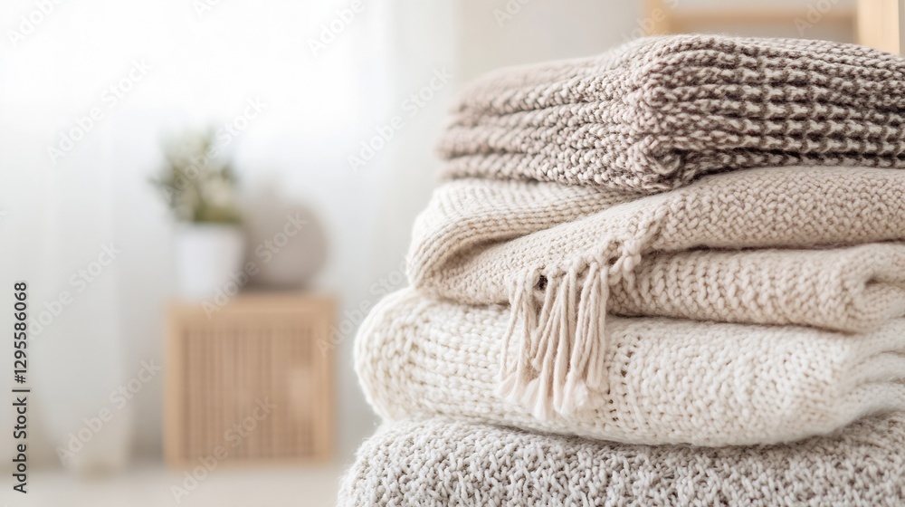 Poster stylish neatly folded knit blankets in soft neutral tones at home : generative ai