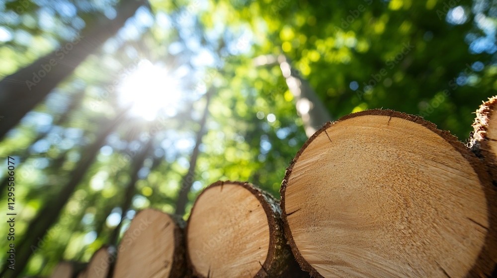 Aufkleber Sunlight Filters Through Trees Illuminating a Stack of Freshly Cut Logs in a Lush Forest Environment : Generative AI