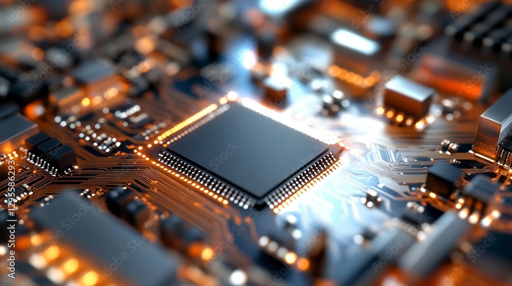 Aufkleber Close Up of a Microchip Circuit Board with Glowing Lights on Technology Background : Generative AI
