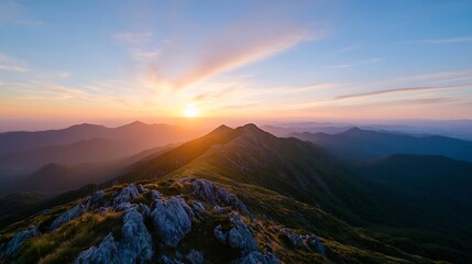 Breathtaking Sunrise Over Mountain Range with Vibrant Sky and Scenic Landscape : Generative AI