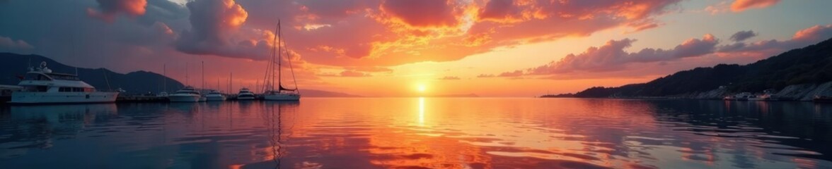 Naklejka premium Sunset over the calm sea at the yacht harbour, sky, sunset