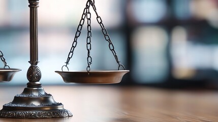 Elegant bronze scales of justice reflecting legal principles in a serene office environment : Generative AI