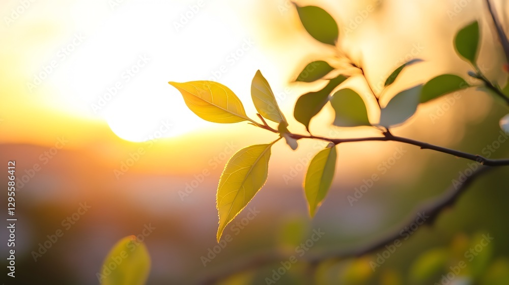 Poster fresh green leaves illuminated by a glowing sunset in a soft nature background : generative ai