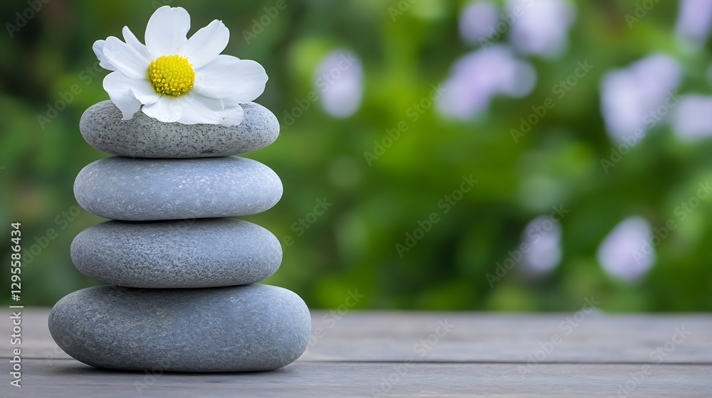 Poster Balanced stones stacked with a beautiful flower creating a serene natural setting for mindfulness : Generative AI