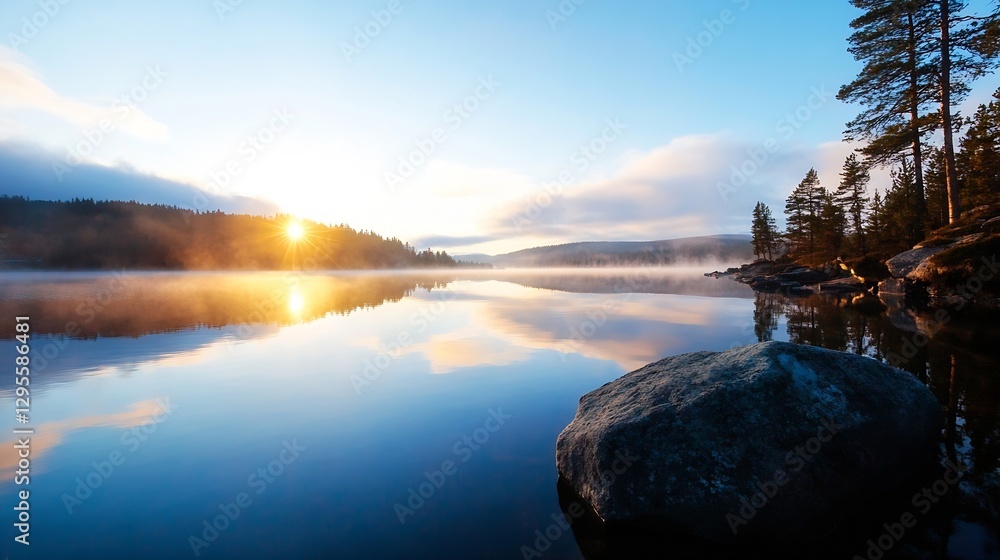 Poster stunning sunrise over tranquil lake reflecting clouds and trees in serene nature : generative ai