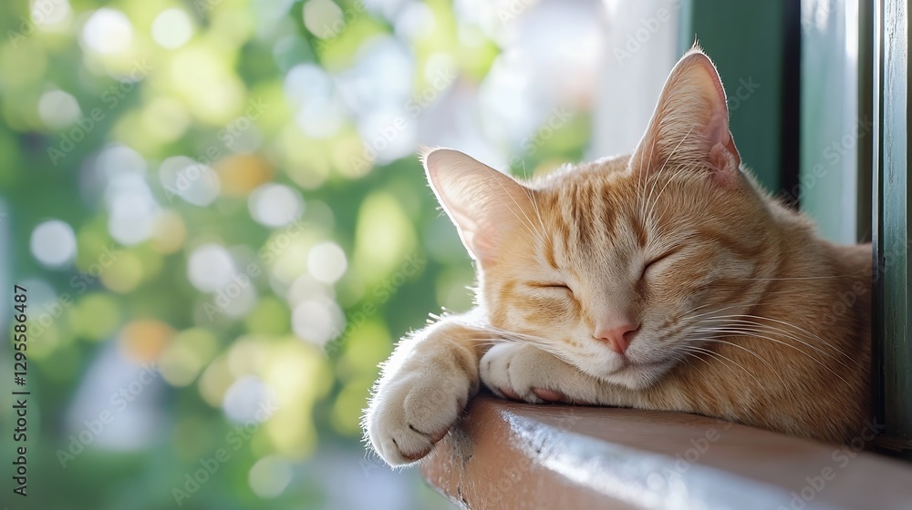 Poster adorable orange tabby cat peacefully sleeping by a window in a sunny and relaxing environment : gene