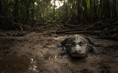 Obraz premium Close-up of a Crocodile in Lush Wetland Environment Surrounded by Dense Vegetation and Mysterious Ambient Lighting