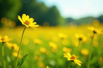 Obraz premium Sunshine yellow wildflowers sway gently in the breeze, flowers, nature, field