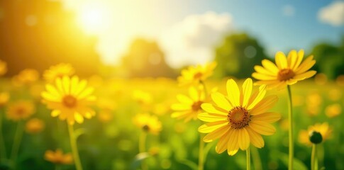 Sunshine yellow wildflowers sway gently in the breeze, sun, colors, sunshine