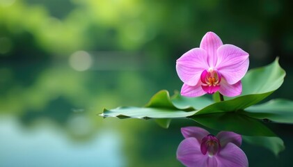 Pink orchid in a serene lake scene with reflection, serene, reflective