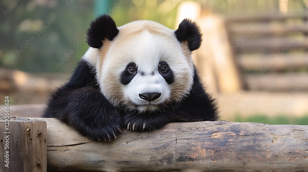 Poster Charming giant panda relaxing on a log in a natural habitat setting showcasing its unique features : Generative AI