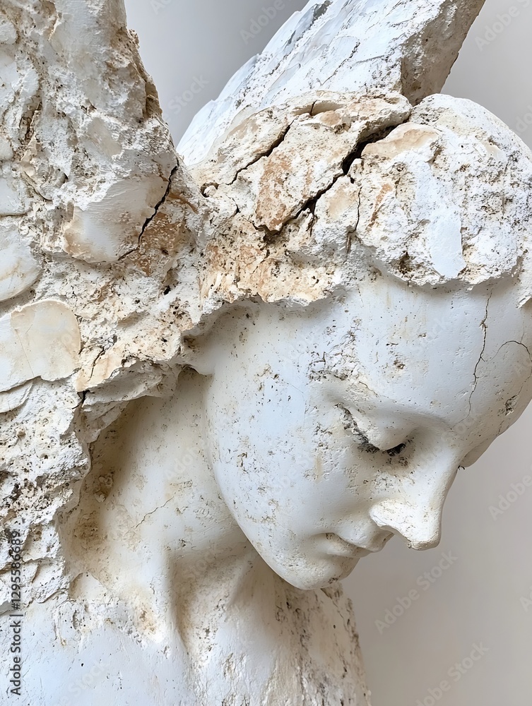 Poster closeup of an angelic sculpture depicting serene features with a weathered texture : generative ai