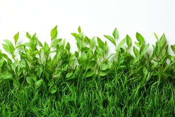 Obraz premium Green grass border isolated on white background, close-up, spring or summer nature concept with ample copy space.