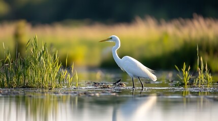 Fototapeta premium Majestic Great Egret Walking Gracefully Through Lush Green Wetlands Under Soft Morning Light : Generative AI
