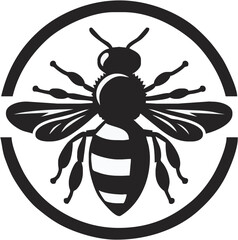 Black and white illustration of a bee inside a circular emblem, symbolizing nature's pollinators