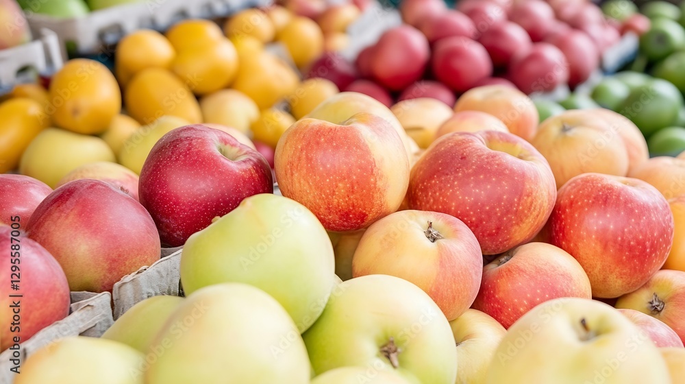 Poster fresh and colorful apples and fruits displayed at local market : generative ai