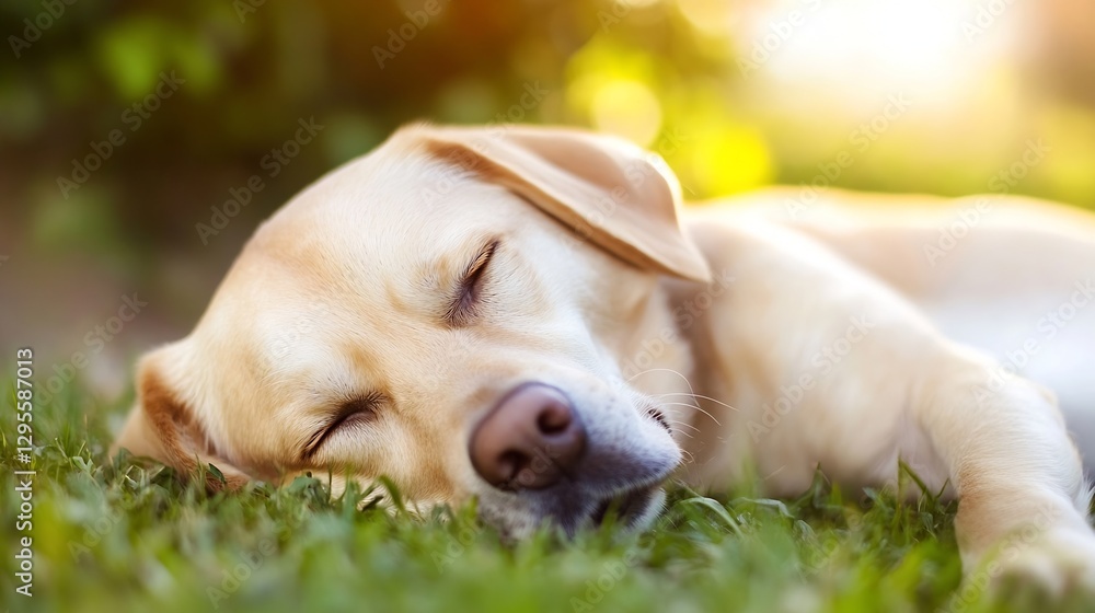Poster cute sleeping dog resting peacefully on the lush green grass in warm sunlight creating a serene atmo