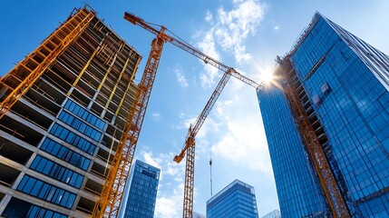 Fototapeta premium Dynamic construction site with cranes and modern skyscrapers under a bright blue sky : Generative AI