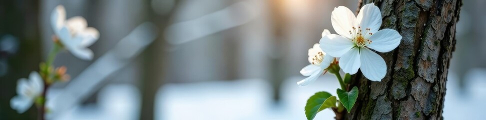 White blooms on small tree trunk and branches in snowy forest, bloom, flower