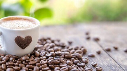 Delicious aromatic coffee cup surrounded by fresh roasted coffee beans on a rustic wooden table : Generative AI
