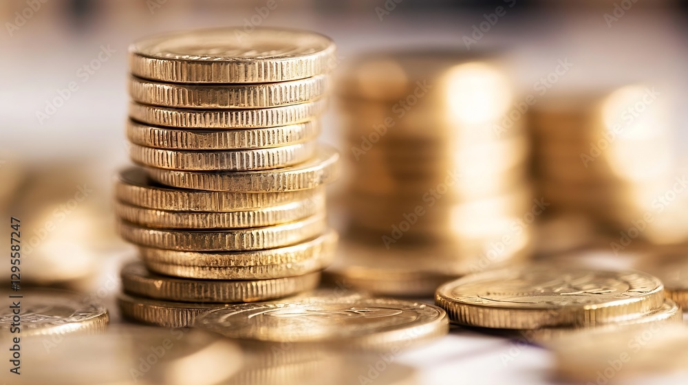Poster close-up shot of shiny gold coins stacked for financial themes set against a soft background : gener