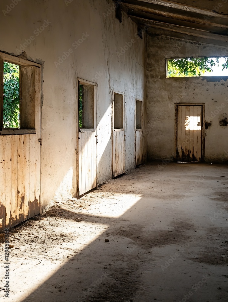 Aufkleber abandoned rustic interior with sunlight creating shadows in an old building : generative ai