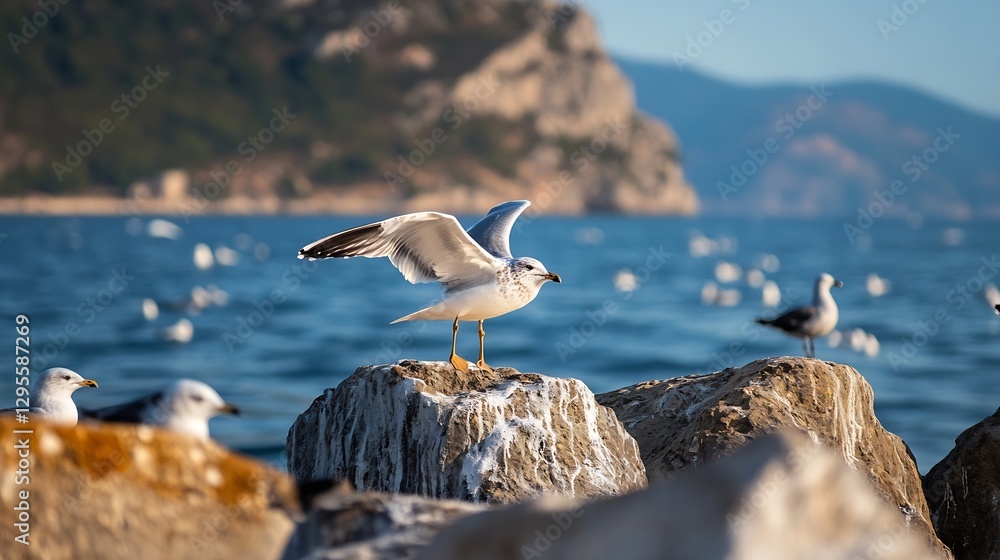 Aufkleber seagull spreading wings on rocks along the ocean shore with mountains in the background : generative