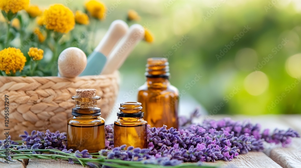 Poster natural essential oils displayed with lavender flowers in a garden setting : generative ai