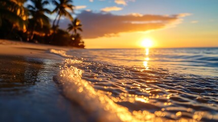 Naklejka premium The golden sunset reflecting off gentle ocean waves and sandy beach lined with palm trees : Generative AI
