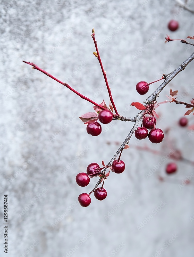Poster delicate branch of vibrant red berries against a textured neutral background showcasing autumnal bea