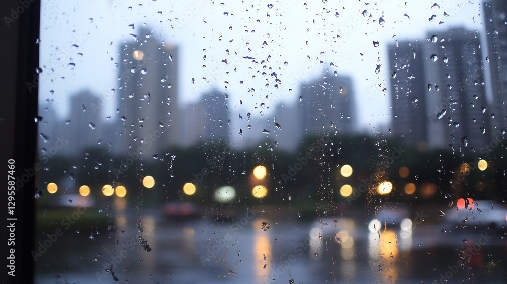 Poster rainy cityscape view through window with blurred buildings and soft glow of streetlights : generativ