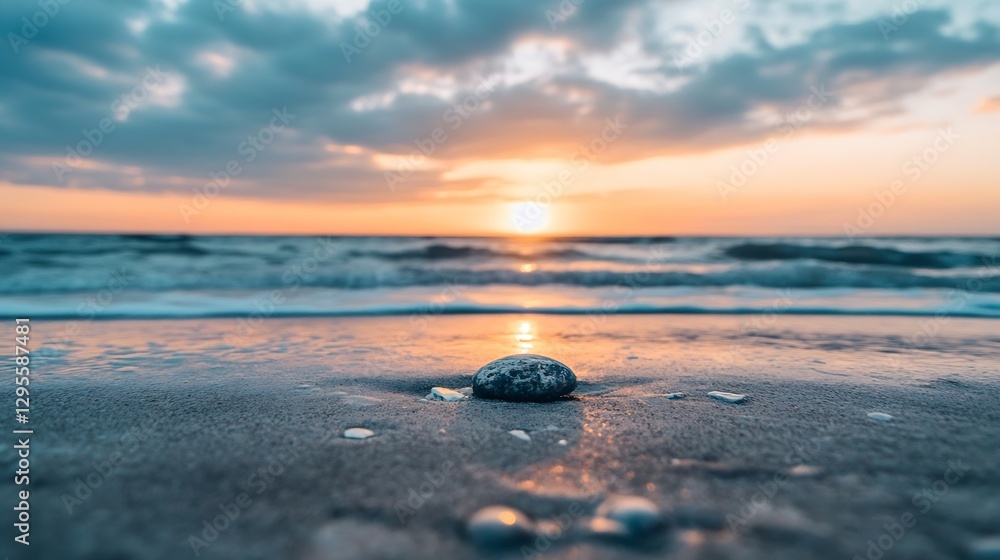 Poster stunning beach scene at sunset with gentle waves lapping at the shore and pebbles sparkling in the s