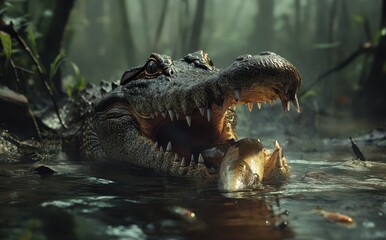 Fototapeta premium Close-Up of a Crocodile with Open Mouth in Misty Swamp Holding a Fish Between Its Teeth Surrounded by Lush Green Vegetation and Soft Light