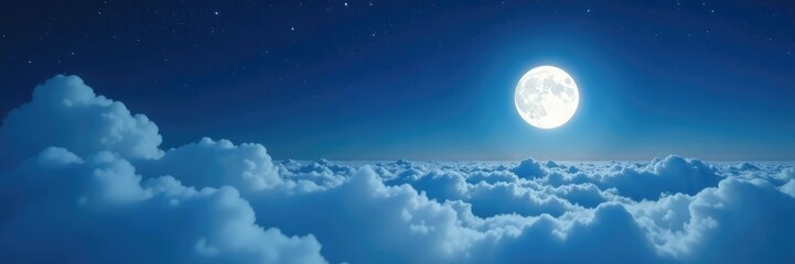 Obraz premium White clouds blanket the moonlit landscape under a starry night sky with an ethereal glow effect, lunar, misty, dreamlike