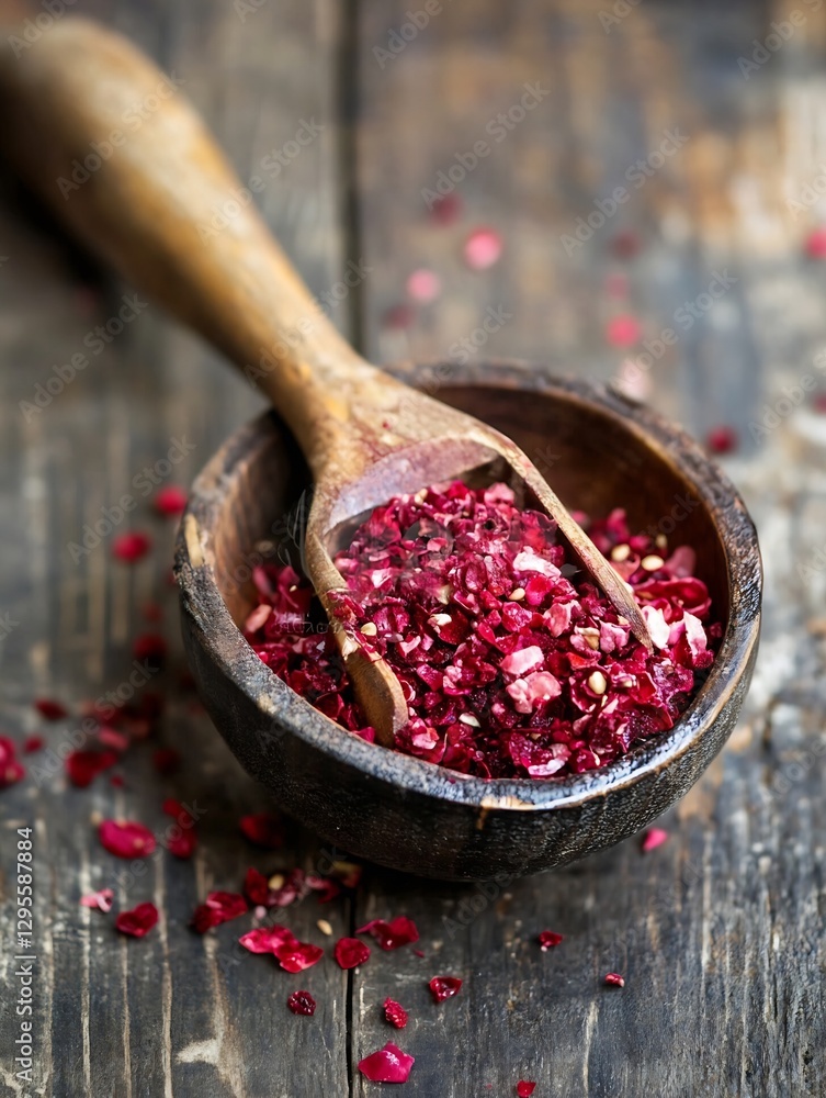Poster richly colored dried red cranberries in a wooden bowl creating a rustic kitchen vibe : generative ai