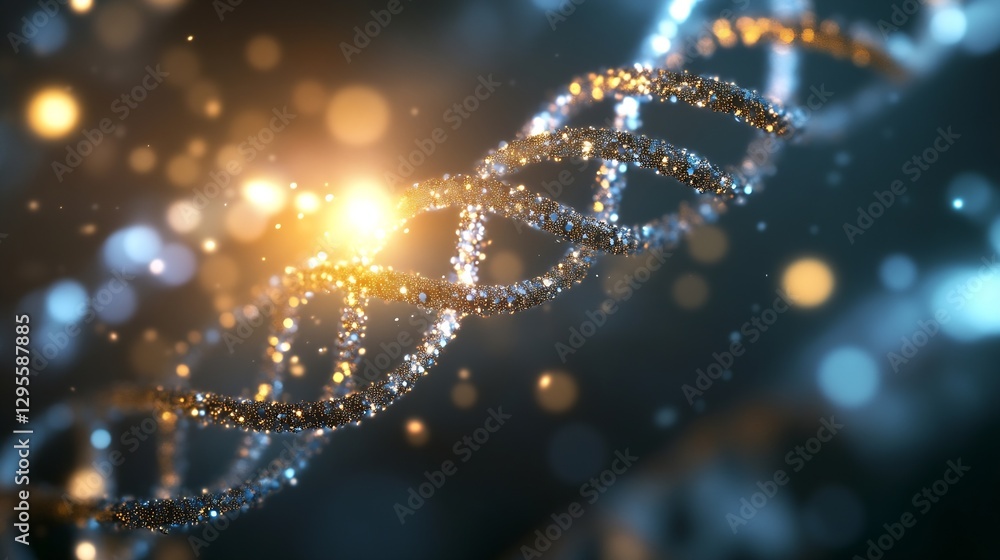 Poster Highresolution digital rendering of intricate DNA strand with glowing lights and colors : Generative AI