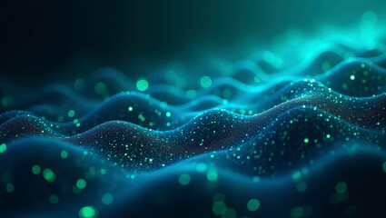 Abstract composition of waves with glowing particles creating a mesmerizing underwater landscape in shades of blue and green, evoking tranquility and depth.