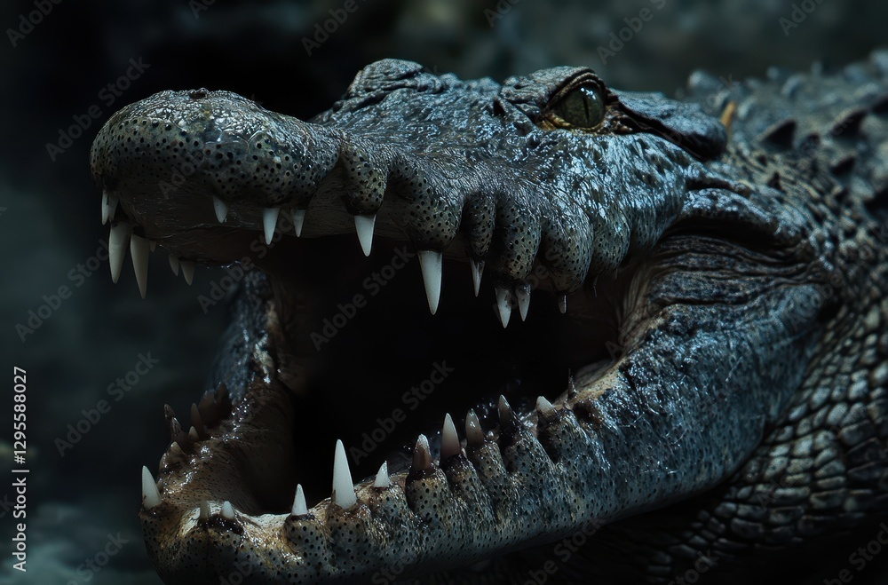 Poster close-up of a crocodile's intimidating open jaw displaying sharp teeth in a dark natural habitat und