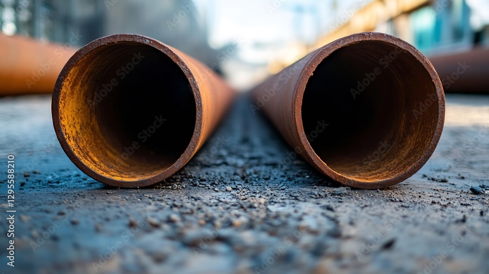Poster Close up view of two weathered rusty pipes on gritty surface in industrial setting : Generative AI
