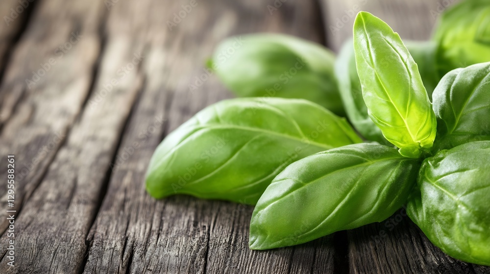 Poster fresh vibrant basil leaves on rustic wooden background for cooking and culinary uses : generative ai