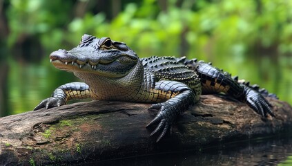 Close-up of a crocodilian basking on a log in a serene river, showcasing detailed textures and vibrant nature in lush green surroundings