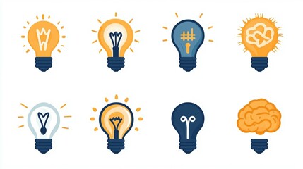Eight lightbulb and brain icons representing ideas, innovation, and creativity.