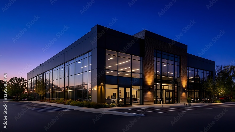 Poster modern architectural office building with large glass windows illuminated at sunset : generative ai