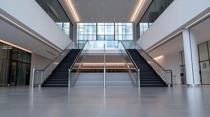 Obraz premium Spacious and sleek interior of a modern building featuring a stunning staircase and abundant natural light illuminating the space : Generative AI