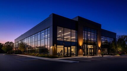 Modern architectural office building with large glass windows illuminated at sunset : Generative AI