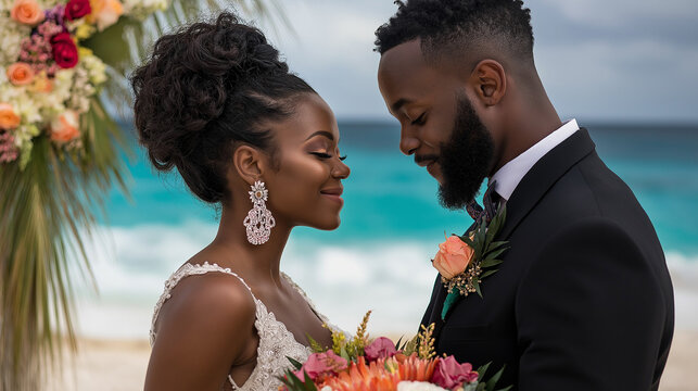 Bride holding a tropical bouquet. Beautiful African American couple in love, smiling, holding flowers on a beach background